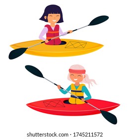 Vector Illustration Of Women With Gray And Black Hair Floats On A Kayak In Cartoon Style. Young Or Old Woman Canoeing And Paddle. Water Activities, Sports, Outdoor Recreation. Healthy Life Style