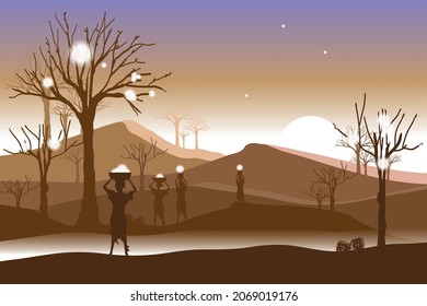 vector illustration women harvesting light on the tree on sunrise background