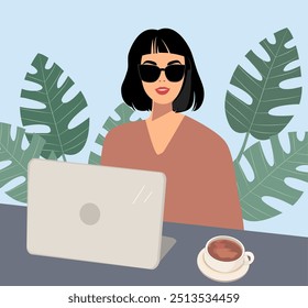 Ilustración vectorial mujeres en su oficina Desk. Mujer de negocios, mujer trabajadora, trabajo y trabajo, mujer joven. Mujer joven antes de la computadora portátil con signo de interrogación en la burbuja de pensamiento. Gafas de sol de mujer