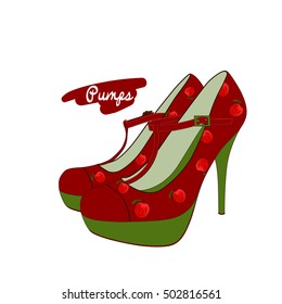 Vector illustration of women high heels with apple patterned textile.