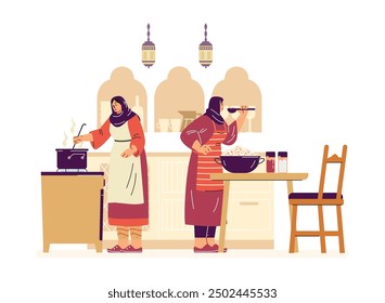 Una Ilustración vectorial de mujeres en sopa y ensalada de cocina con hiyab refleja la esencia de la cocina familiar durante las vacaciones de Ramadán