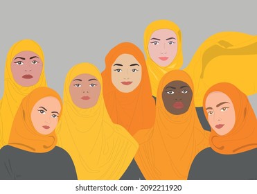 Vector illustration with women in hijab. Template for banner, poster, postcard in yellow and grey colors. 