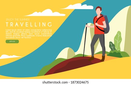 Vector illustration, women hiking on the mountain peak, banner, site, poster, template, background