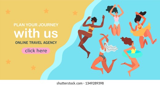 Vector illustration of women jumping into the water in a colorful swimsuits. Summer theme banner, flyer or landing page concept.