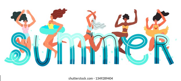 Vector illustration of women jumping into the water in a colorful swimsuits. Summer theme banner, flyer with lettering.