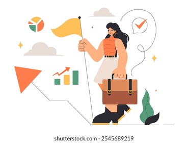 Vector Illustration of Women Leaders in Business, featuring a Female Leader in Meetings Focused on Career Growth, Victory, and Goal Achievement
