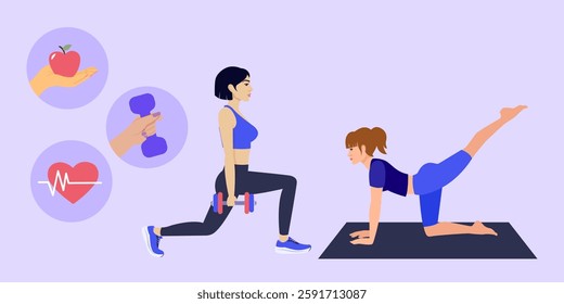 Vector illustration of women lifting weights and practicing yoga, promoting a healthy lifestyle, with icons representing nutrition, training and heart health