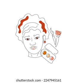 Vector illustration of women in line style with cosmetics