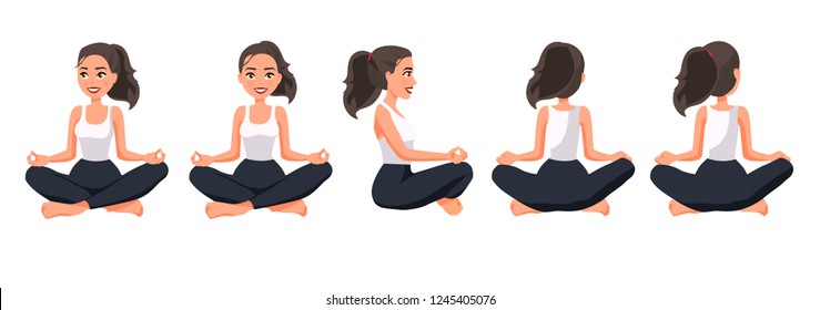 Vector illustration of women in lotus position under the white background.Cartoon realistic people illustration practicing yoga. Flat young woman. Front view girl, Side view girl, Back side view girl.