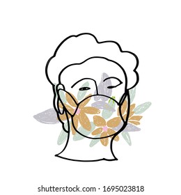 Vector illustration women with medical face mask. Novel coronavirus 2019-nCoV. I am in quarantine lettering phrase. Colored typography poster about virus pandemic.