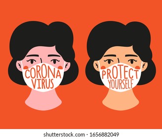 Vector illustration with women in medical masks who are in fear because of viral epidemic. Protect yourself and Corona Virus lettering words. Healthcare set, flat style portraits, typography posters