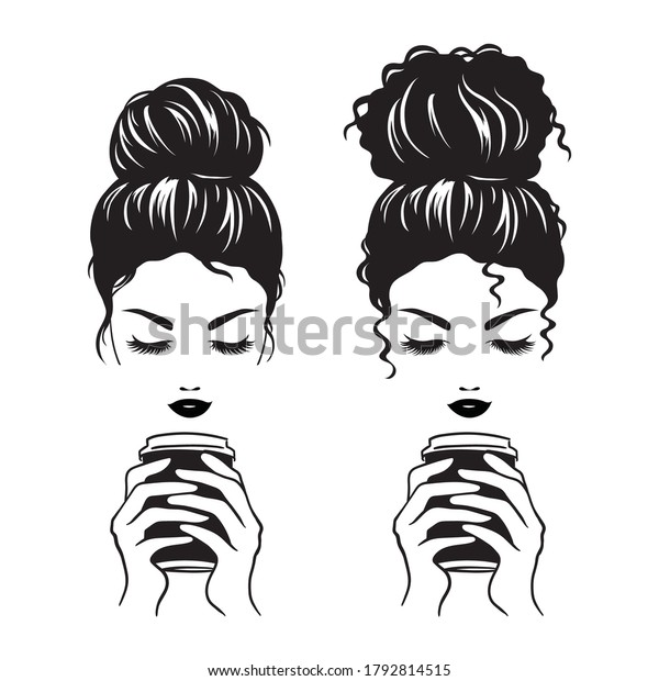 Vector illustration of  women with\
messy bun hairstyle holding to go coffee cup\
silhouette.