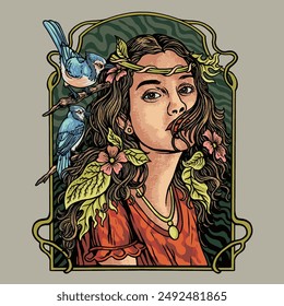 vector illustration women with nature bird and flower, hand drawing psychedelic illustration, this design can be used for t-shirt design, sticker, album cover and other merchandise