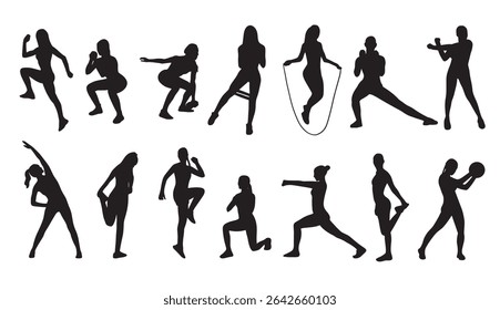 Ilustração vetorial de mulheres realizando vários exercícios e movimentos ativos. Inclui alongamento, agachamentos, pulmões, treinamento em banda de resistência, corda de salto, cardio, aquecimento e treinamento de força