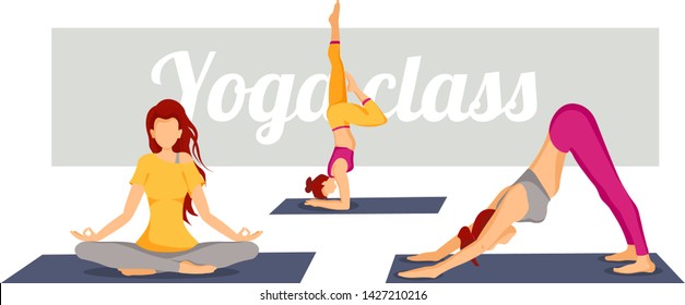 Vector illustration with Women performing yoga poses in the yoga class. The concept of wellness, flexibility and endurance, Yoga Day, healthy lifestyle, sport. Poster, banner, card, cover design.