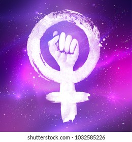 Vector illustration of Women Protest Feminism symbol on outer space ultraviolet glitter background.