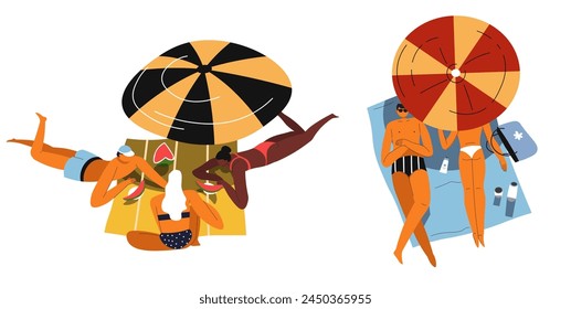 Vector illustration of women relaxing under umbrellas on a beachside.