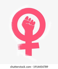 Vector illustration women resist symbol. Raised fist icon. Female gender and feminism logo design.