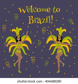 vector illustration of women samba dancers and welcome to Brazil text