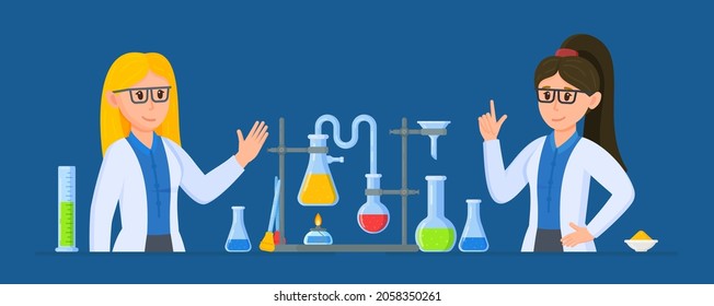 Vector illustration of women scientist. Chemical reaction. 