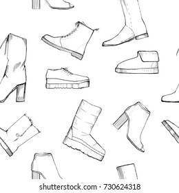 Vector illustration of Women seamless Hand drawn pattern with winter shoes. Fashion elegance footwear for female. Comfort for legs.
