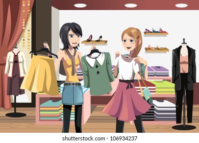 A vector illustration of women shopping in a clothing store