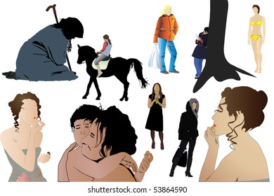 Vector illustration of women silhouettes under the white background