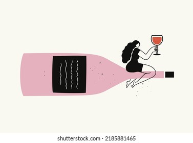 Vector illustration with women sitting on pink wine bottle with wineglass. Colored print design, bar menu and wall decoration poster template.