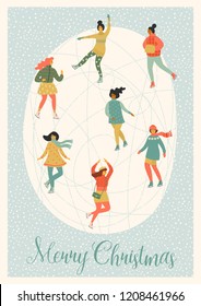 Vector illustration of women skate. Christmas and New Year mood. Trendy retro style.