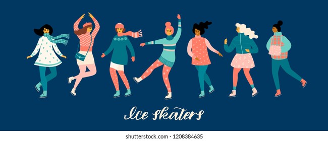 Vector illustration of women skate. Trendy retro style. Design elements.