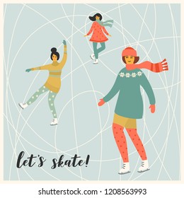 Vector illustration of women skate. Trendy retro style. Design elements.