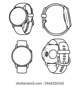 Vector illustration of women smartwatch round display hand drawn sketch line art, front, side, rear, and isometric view, isolated on white background, For kids coloring book or science illustration.