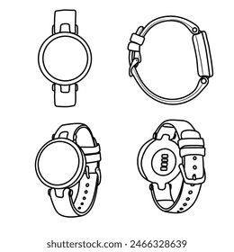 Vector illustration of women smartwatch round display hand drawn sketch line art, front, side, rear, and isometric view, isolated on white background