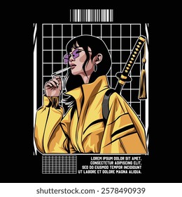 vector illustration women smooking wearing yellow jacket and sword in back design poster style