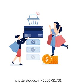 vector illustration of Women spending money online, summing up piles of cash and filling shopping baskets, engaging in excessive online retail therapy, representing consumerism and financial behavior