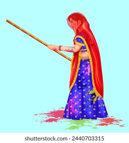 Vector illustration of Women stand with sticks as they prepare to celebrate Lath mar Holi Ritual. Lathmar Holi celebration