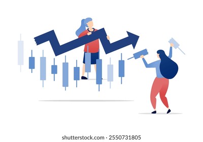 ilustração vetorial de Women in stock market performance and investment, jogando e determinando opções através de gráficos de castiçal para tomar decisões financeiras informadas