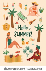 Vector illustration of women in swimsuit on tropical beach. Summer holliday, vacation, travel. Design element for summer concept and other use.