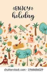 Vector illustration of women in swimsuit on tropical beach. Summer holliday, vacation, travel. Design element for summer concept and other use.