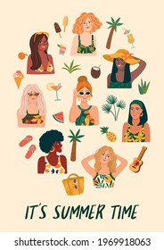 Vector illustration of women in swimsuit on tropical beach. Summer holliday, vacation, travel. Design element for summer concept and other use.