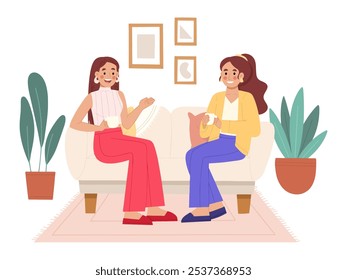 Vector illustration of women talking on the sofa, Illustration of young women spending time with warm drinks on the couch