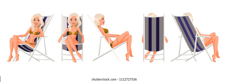 Vector illustration of women in underwear in chaise lounge. Cartoon realistic people. Flat young woman. Front view girl, Side view, Back side view, Isometric view. Slim woman sunbathing in beach chair
