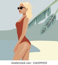 Vector illustration of women in underwear in chaise lounge. Cartoon realistic people. Flat young woman. Tanned schooling blonde in a red swimsuit in the background on the beach, sunglasses. Tropical