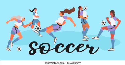 Vector Illustration Of Women In A Uniform Playing Soccer, Football. Creative Banner, Poster Or Landing Page Foor Woman Soccer Game Or Club.