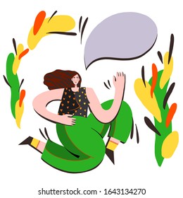 Vector illustration of women with a window for thoughts and quotes. Hand drawn