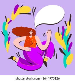 Vektorillustration-Illustration von Frauen mit einem Fenster für Gedanken und Zitate. handgezeichnet