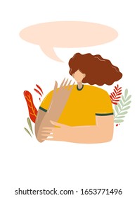 Ilustración vectorial de las mujeres con una ventana para pensamientos y citas.Chica linda. Ilustración plana vectorial. Dibujado a mano.