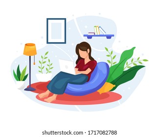 Vector illustration Women work and relax at home. Work from home with a laptop, Watch movies from a laptop. Self quarantine and isolation at home concept. Vector illustration in a flat style