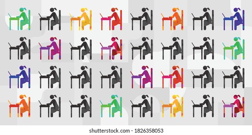 vector illustration of women working with computers colorful office environment for female
