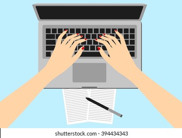  Vector Illustration: women in the workplace. Hands desks laptop screen vector illustration of business people. Top View angle above the office